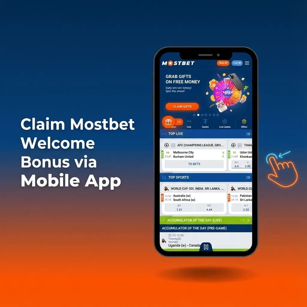 Indian user on smartphone navigating Mostbet app to register, deposit, and claim welcome bonus with extra funds and free spins