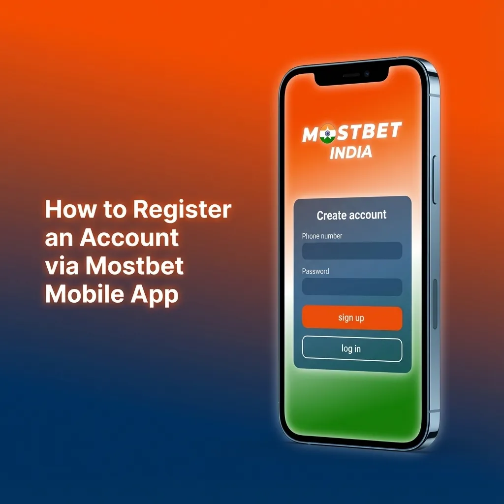 iPhone screen showing Mostbet mobile app sign-up form with options for phone, email, or social registration