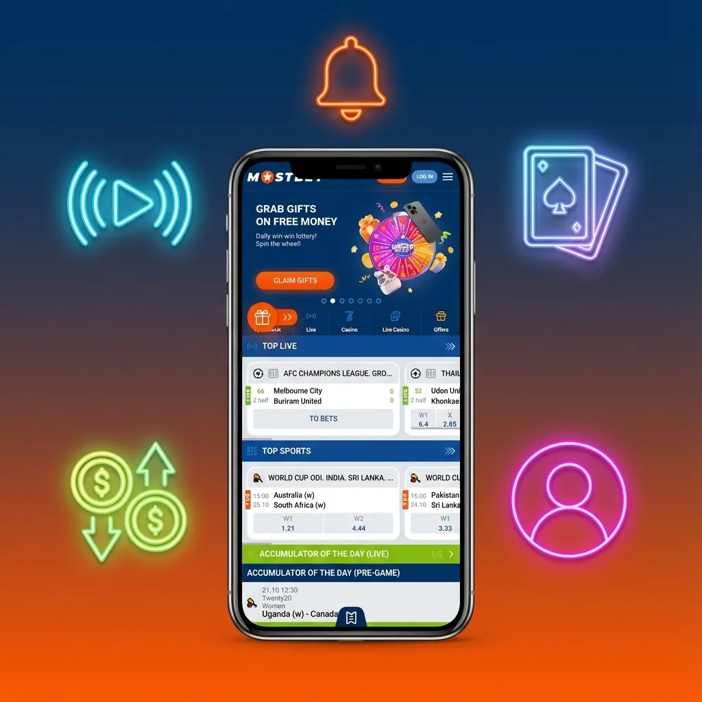 Illustrated Mostbet mobile app screen showing live sports bets, casino games, rupee balance, and UPI payment icons.