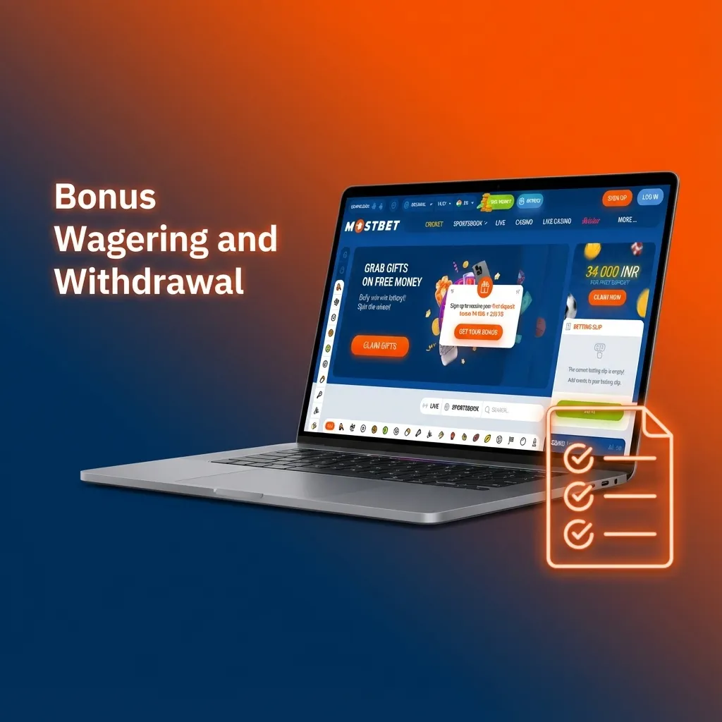 Illustration of casino and sports bonus wagering rules, timelines, and withdrawal conditions highlighted around a balance screen.