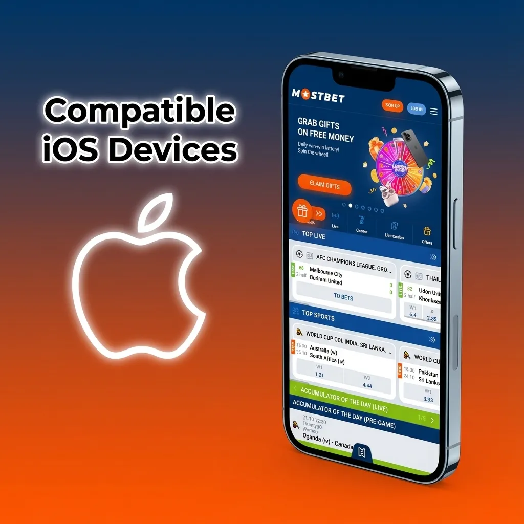 Graphic titled “Compatible iOS Devices” listing supported iPhone X–15 series and recent iPads for the Mostbet app.