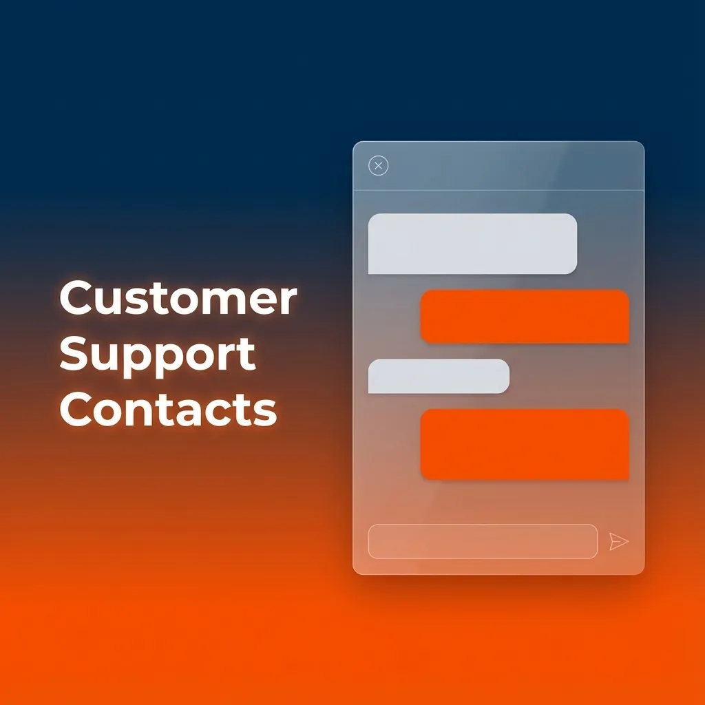 Icons for live chat, email, phone, and messaging apps labeled as customer support contact options.