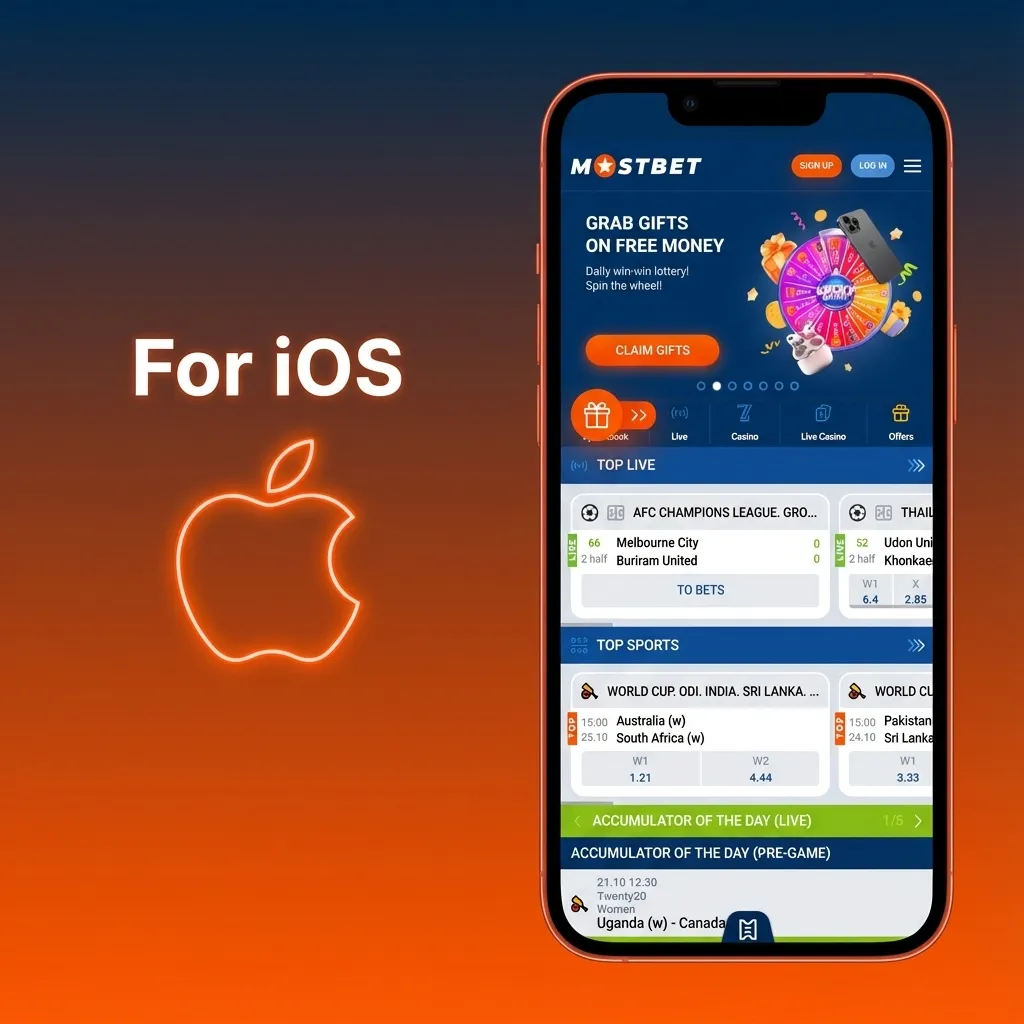 iPhone screen showing Mostbet iOS casino app with slots, live tables, and sports betting options in a clean touch interface