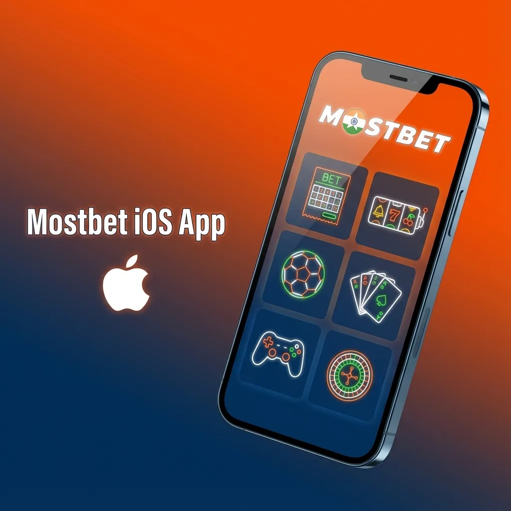 iPhone showing Mostbet iOS app interface with sports betting and casino options visible on screen