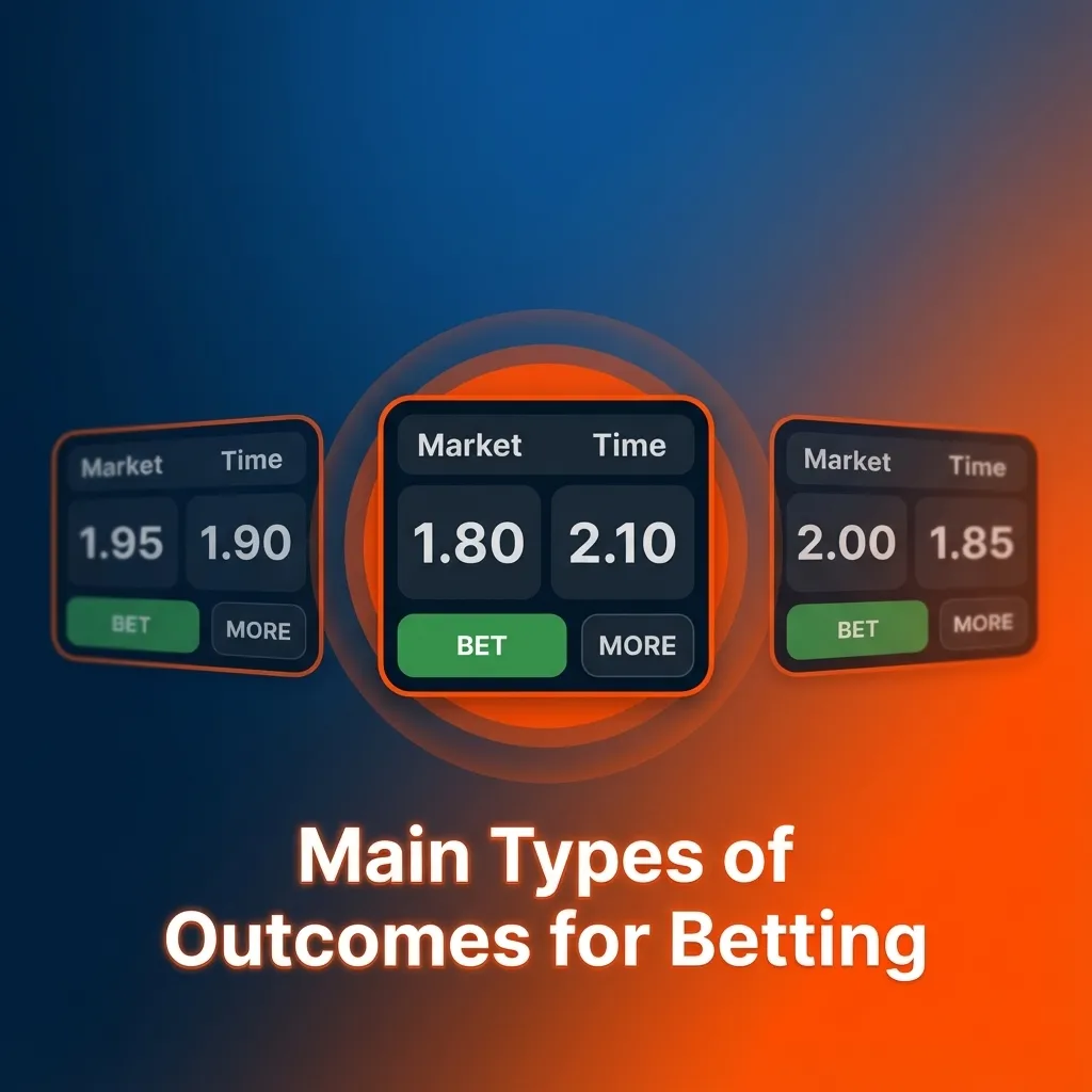 Infographic showing main sports betting outcomes: match result, over/under totals, handicap, both teams to score, player specials