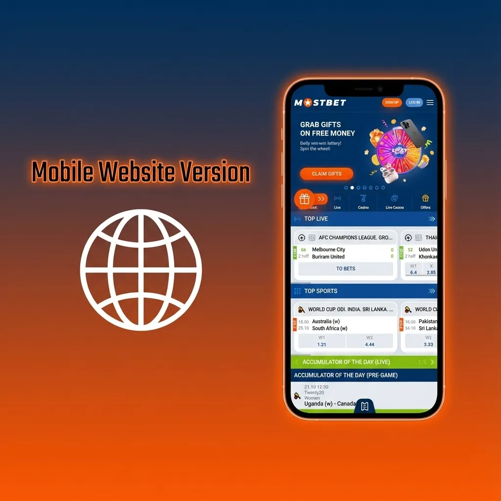 Smartphone showing Mostbet mobile website with betting markets, casino games, and responsive interface in a browser