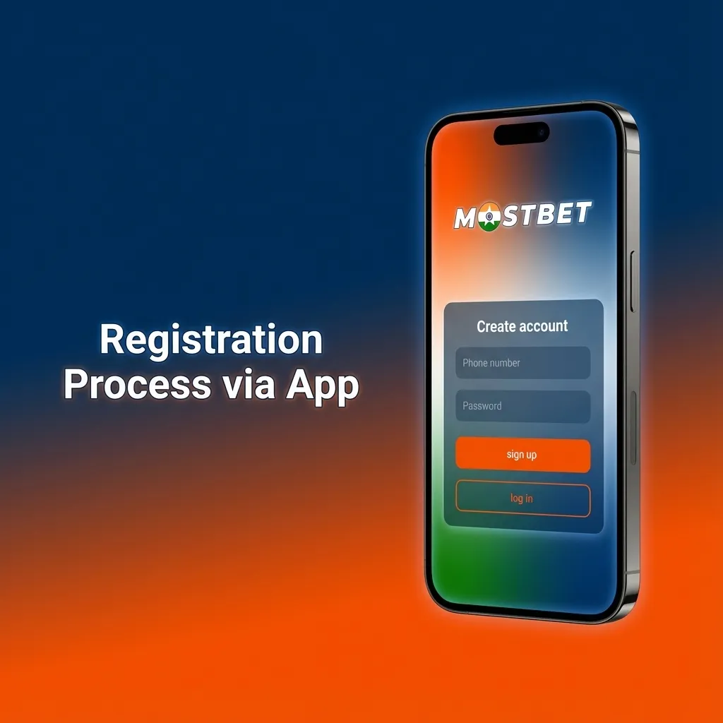 Illustration of Mostbet app sign-up steps on an Android phone, from tapping Sign Up to completing account verification
