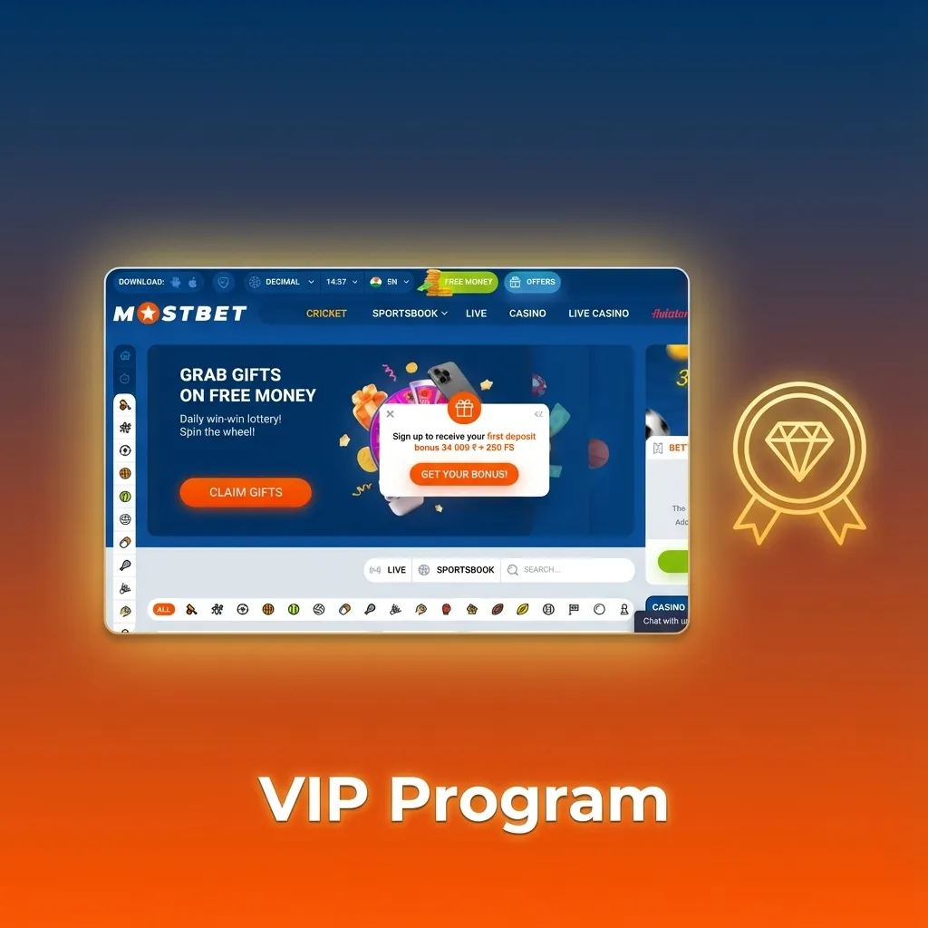 Illustration of a Mostbet VIP loyalty program with tier levels, points, cashback, bonuses, and faster customer support