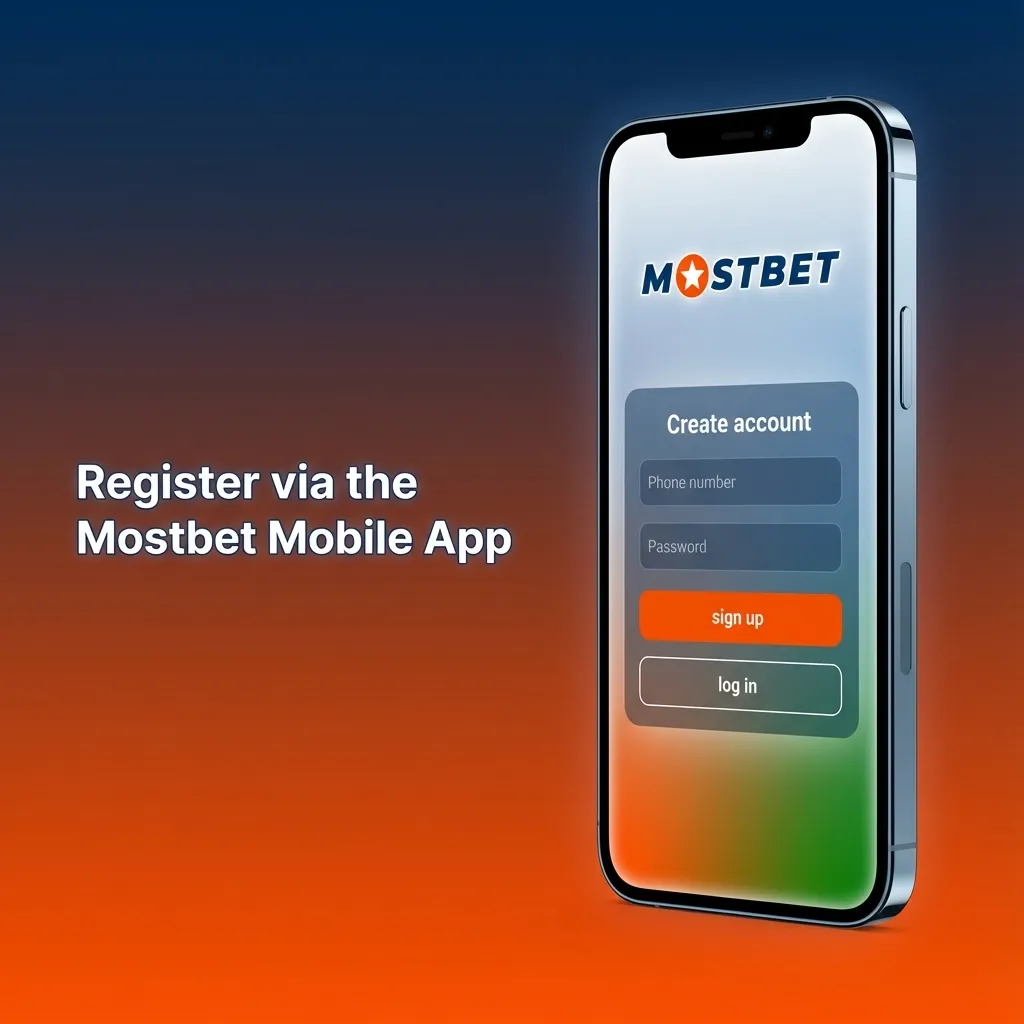 Illustration of a hand holding a phone showing the Mostbet app registration screen with step-by-step icons