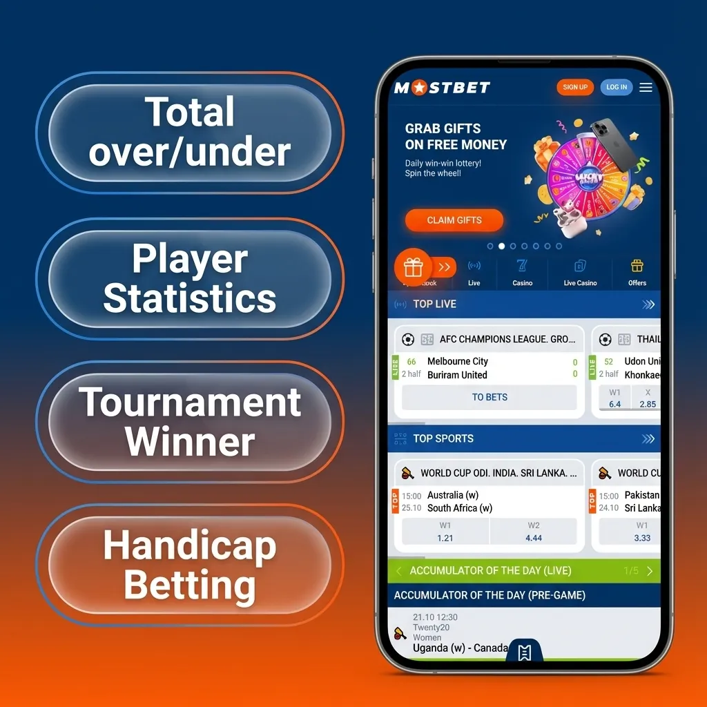 Mostbet app screen showing single, accumulator, system, live, and handicap/over-under betting options with brief descriptions.