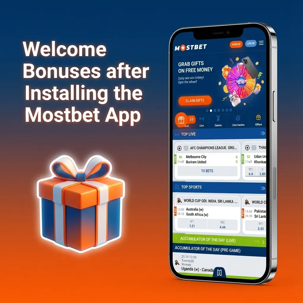 Smartphone screen showing Mostbet app welcome bonus offer: 125% first deposit in INR plus 250 free spins for Indian users
